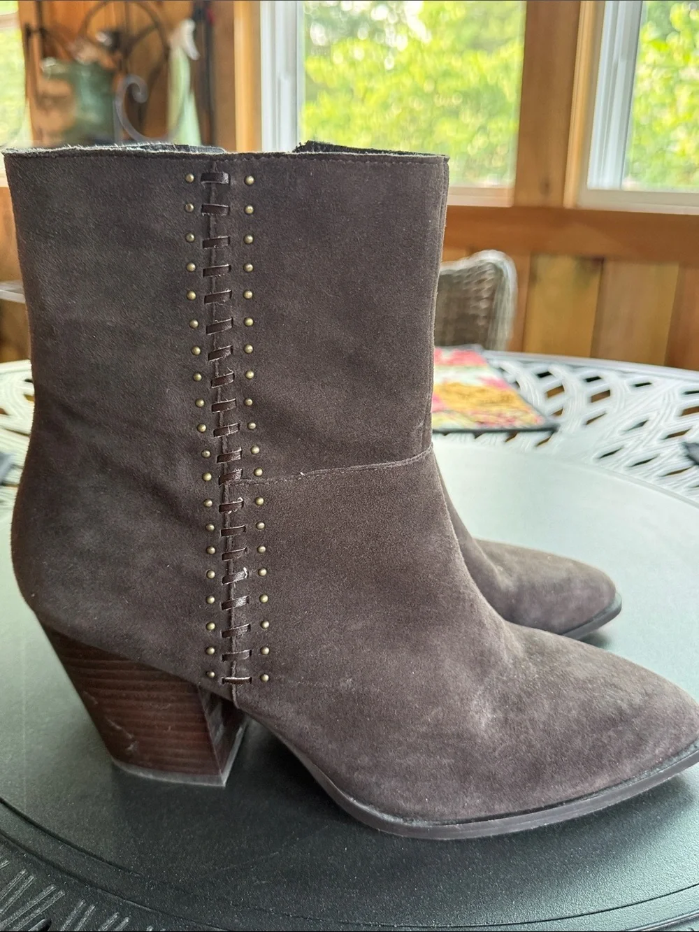 Lucky Brand Brown Suede Braided -Trim Ankle Booties